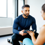 A professional personal trainer in modern, modest activewear, sitting opposite a female client in appropriate athletic attire. They are in a contemporary wellness studio with natural light, a comfortable seating area, and a subtle tablet displaying wellness metrics on a table between them. The trainer is actively listening, with an empathetic and professional expression. The client is engaged, suggesting a deep conversation focused on holistic well-being. safe for work, appropriate content, fully clothed, family-friendly, perfect anatomy, natural pose, correct proportions, well-formed hands, proper finger count, natural body proportions, professional photography, high quality, crisp detail.