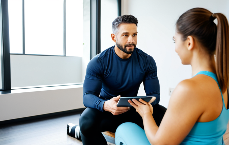 A professional personal trainer in modern, modest activewear, sitting opposite a female client in appropriate athletic attire. They are in a contemporary wellness studio with natural light, a comfortable seating area, and a subtle tablet displaying wellness metrics on a table between them. The trainer is actively listening, with an empathetic and professional expression. The client is engaged, suggesting a deep conversation focused on holistic well-being. safe for work, appropriate content, fully clothed, family-friendly, perfect anatomy, natural pose, correct proportions, well-formed hands, proper finger count, natural body proportions, professional photography, high quality, crisp detail.