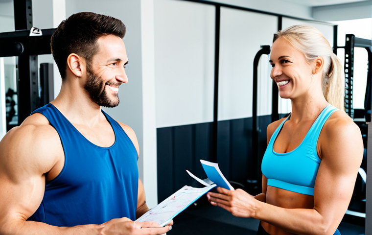 Motivational Client Review**

"A professional personal trainer in a brightly lit gym, reviewing a progress chart with a smiling female client in workout attire, fully clothed, appropriate content, safe for work, perfect anatomy, natural proportions, focus on positive encouragement, professional setting, modest clothing, family-friendly."

**