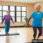 Home 22 헬스트레이너 시니어 피트니스 - A warm, inviting fitness studio scene featuring a diverse group of older adults engaged in gentle ba...