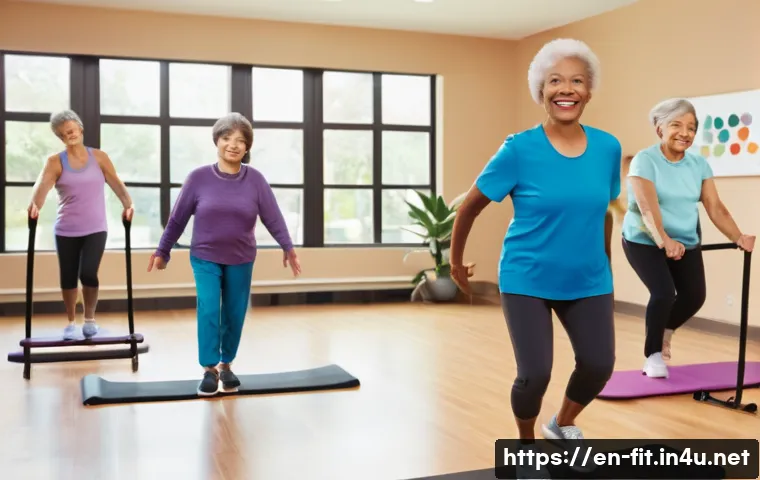헬스트레이너 시니어 피트니스 - A warm, inviting fitness studio scene featuring a diverse group of older adults engaged in gentle ba...