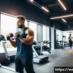 Home 21 헬스트레이너의 하루 루틴 - A professional health trainer in a modern gym environment, wearing athletic wear and clean sneakers,...