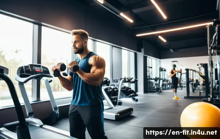 헬스트레이너의 하루 루틴 - A professional health trainer in a modern gym environment, wearing athletic wear and clean sneakers,...