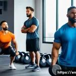 Home 19 헬스트레이너 운동 프로그램 설계 - A diverse group of adult fitness clients in a modern gym setting, performing a balanced workout sess...