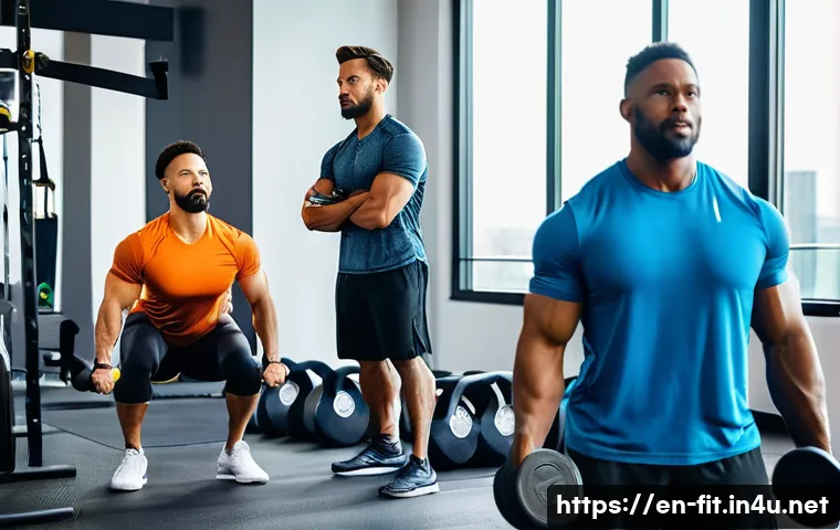 헬스트레이너 운동 프로그램 설계 - A diverse group of adult fitness clients in a modern gym setting, performing a balanced workout sess...
