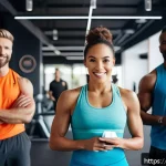 Home 23 헬스트레이너 브랜드 협업 사례 - A diverse group of professional fitness trainers collaborating in a modern, bright gym space, discus...