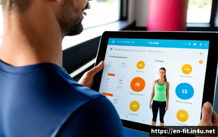 Home 17 헬스트레이너 운동 프로그램 평가 - Photorealistic personal fitness trainer reviewing a client’s workout program on a tablet in a bright...